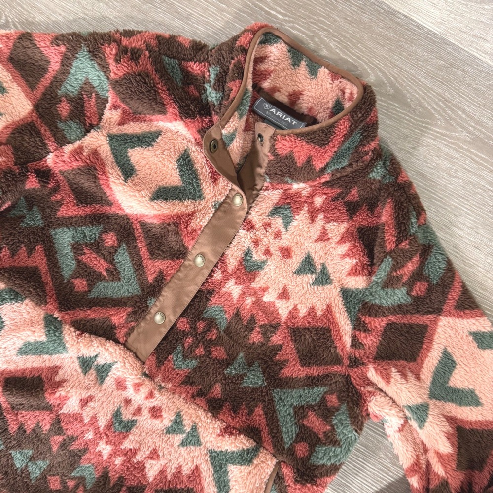 Ariat Berber Snap Front Pullover Women XL Brown Pink Aztec Fleece 10053942